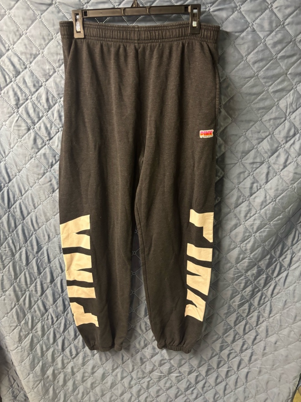 PINK Victoria's Secret Black Joggers with Cream Side Panels and Small Logo